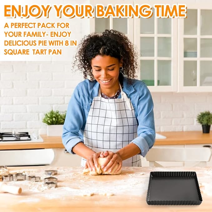 Square Pie Pan Nonstick Tart Pan With Removable Bottom Heavy Duty Carbon Steel Fluted Quiche Pan Tart Mold for Baking Mousse Cakes Dessert,8.2 x 1-Inch