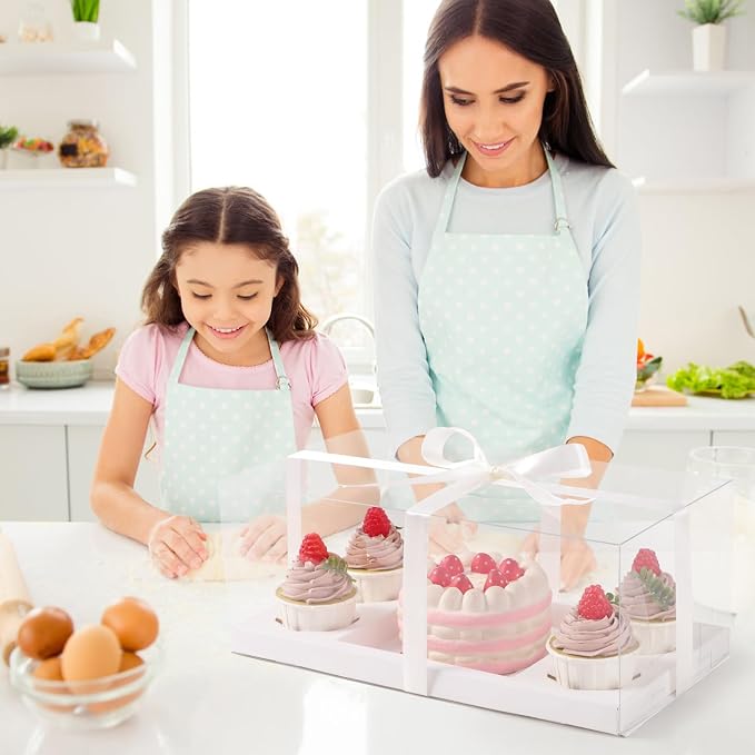 3Pcs Bento Cake Box and Cupcake 1+4 Combination Clear Window Bento Boxes, 6 Holes Bento Vake Box Suitable for 4 Regular Cupcakes and Mini Cakes