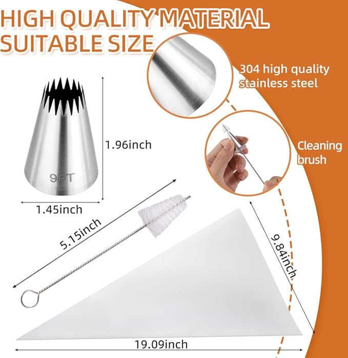 3PCS 9FT Large Churro Piping Tips and Bags Set for Eclairs,Butter Cookies | eclair piping tip,with 30Pcs18Inch Large Piping Bags,Large Open Star Pastry Tip,Churros maker,Cupcake Decorating tip