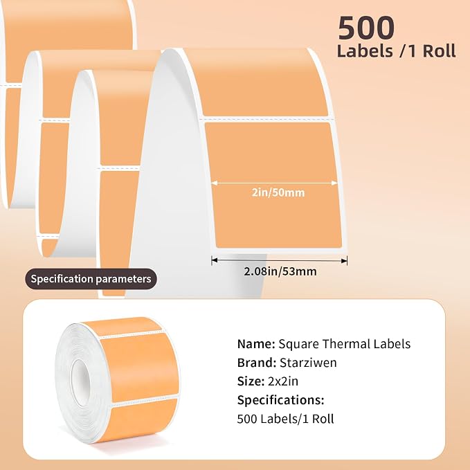 500 Labels/Roll 2" x 2" Apricot Thermal Labels, Self-Adhesive Square Sticker for Candle, Soap, Mason Jar, Gift Tag, Small Business