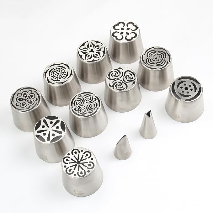 22 Pcs Stainless Steel Extra Large Russian Tulip Flower Icing Tips Set, 10 XXL Piping Nozzle,1 Big Leaf Tip,1 Petal Rose Flower Tip,10 Disposable Pastry Bags for Cake Decorations