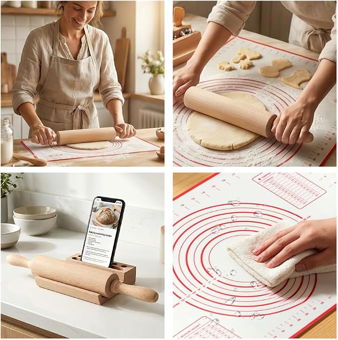 Wood Rolling Pin with Silicone Baking Mat Wood Base, Non Stick Surface Dough Roller with Handle, Fondant Roller Beech Rolling Pins for Baking Pizza Pastry Bread Cookies