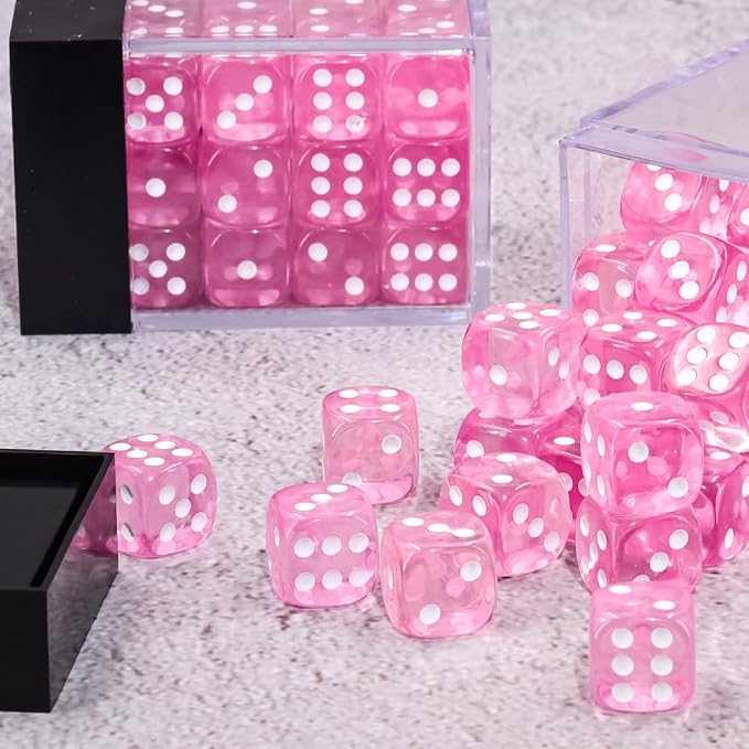 36 of Pack 12MM 6 Sided MINI Dice Set,Translucent Colors Game Dice Set, 6 Sided Standard Colored Dices for Tenzi, Farkle, Yahtzee, Bunco or Teaching Math, with Portable Plastic Box(Pink)