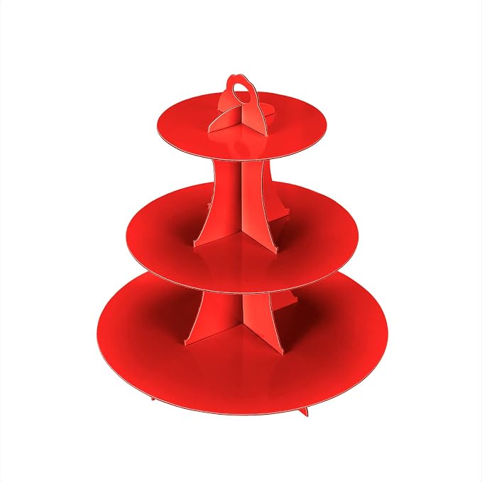 YLDW Cupcake Stand, 3-Tier Cupcake Stand Display, Cardboard Cup Cake Tower Stand, Disposable Dessert Stand for Birthday Tea Party Baby Shower Treat Decorations, Red