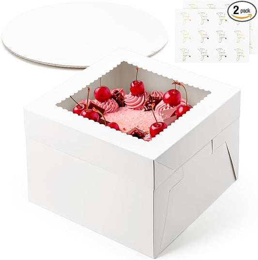 ZORRITA 2 Pack Cake Boxes, 10 x 10 x 8 Inches Tall Cake Boxes with Cake Boards, Disposable Cake Containers with Lids and Window for Wedding, Birthday, Party