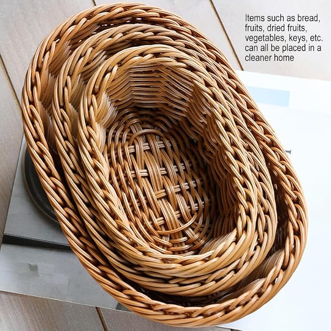 Ochine Vintage Multipurpose Handwoven Rattan Storage Basket, Wicker Basket Picnic Basket, Handmade Woven Nesting Bread Baskets for Organizing, Serving, Kitchen, Bedroom, Bathroom