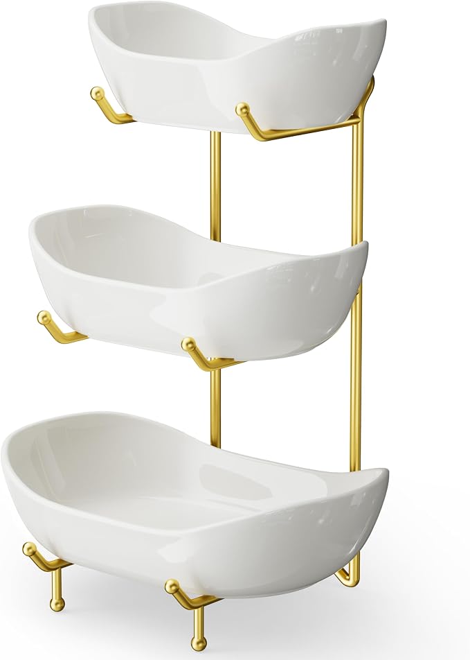 3 Tier Ceramic Fruit Bowl for Kitchen Counter – Fruit Basket with Gold Metal Stand , Fruit Holder for Snacks, Nuts, Cakes, Desserts, Bread, Candy Storage
