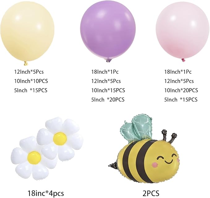 Bee Balloon Garland Arch Kit 121Pcs Macaron Pink Purple Yellow Latex Balloons with Bee Daisy Foil Balloons for Lemonade Birthday Honeybee Party Baby Shower Spring Garden Party Decor