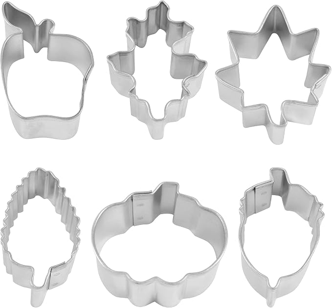 R&M International Mini Autumn Leaf Cookie Cutters, Acorn, Pumpkin, Oak, Maple, Aspen, Apple, 6-Piece Set in Gift Tin
