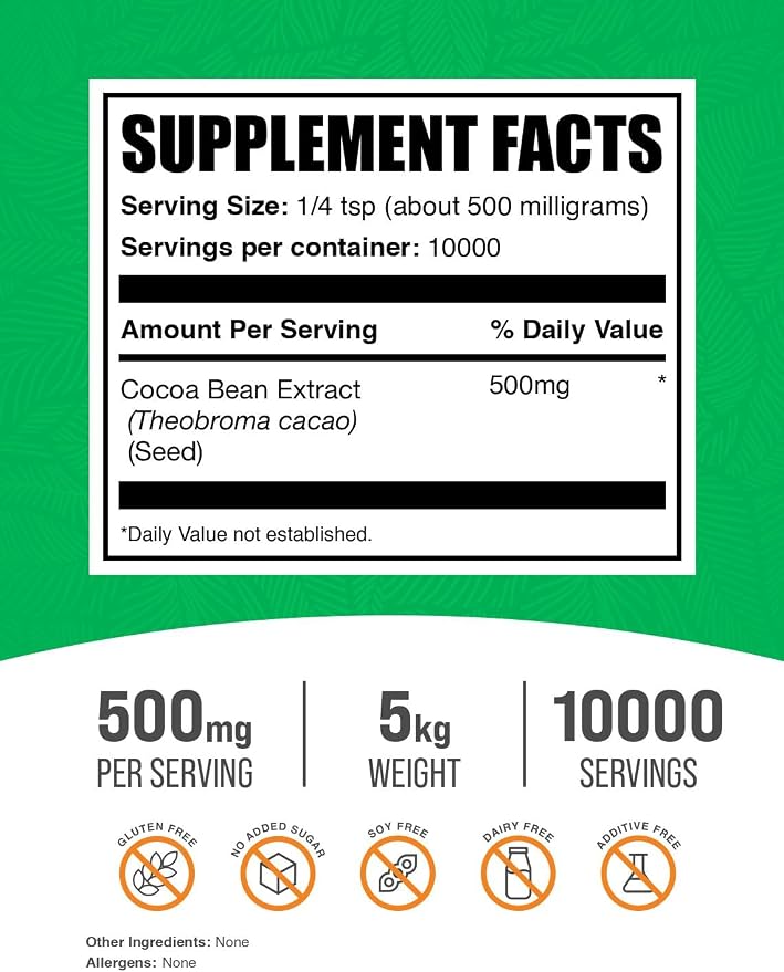 BulkSupplements.com Cocoa Bean Extract Powder - Cocoa Supplement - Unsweetened, Vegan & Gluten Free, 500mg per Serving, 1kg (2.2) (Pack of 5)