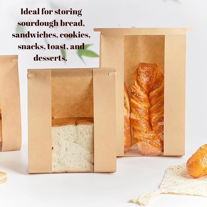 PAICUIKE 100 Pack Large Kraft Paper Bread Bags for Homemade Bread Sourdough Bags 13.7" x 8.2" x 3.5" with Tin Tie Tab Lock Clear Front Window Bakery Bag Packaging Cookie Bag with Label Seal Stickers