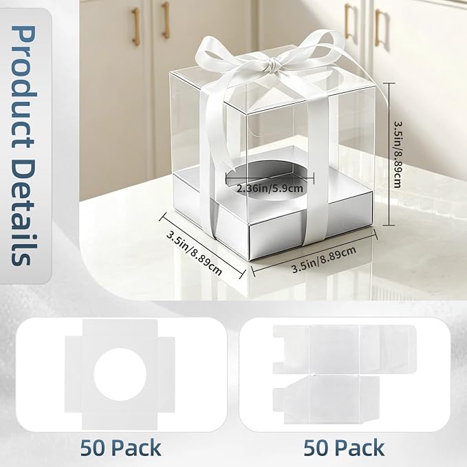 50 Pcs Sliver Clear Plastic Cupcake Boxes, Individual 3.5 Inch Single Holder Containers with Insert and Ribbon, Paper Base for Wedding, Birthday, Party Favor Gift