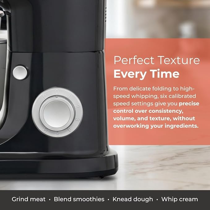 ProMix 1000 Stand Mixer, 700W Tilt-Head Kitchen Mixer with 6.3-Qt Stainless Steel Bowl, 6-Speed Control, Dough Hook, Flat Beater & Whisk, Planetary Mixing Action, Black