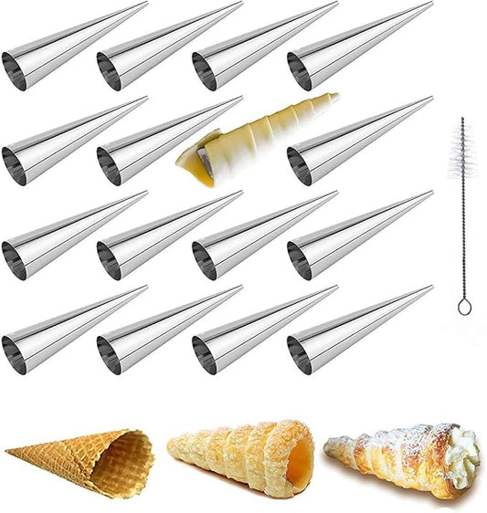 large Cream Horn Molds 5-inch, 16 PCS Cream Horns Pastry Molds with Cleaning Brush Croissant Baking Forms for Baking Croissants Bead, Chocolate Croissant, Brioche Rolls, Party Dessert