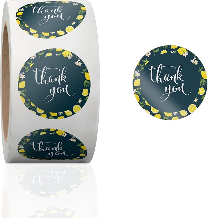 1.5 Inch Round 500 Count Lemons and Flowers Perforated Roll Stickers - Thank You Labels for Favors - Packing Thank You Stickers for Small Business Store Owners