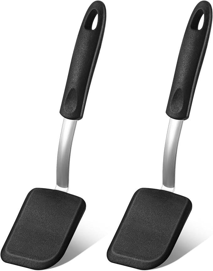 Silicone Cookie Spatula Turner 2 Pack Mini Brownie Spatula Flexible Kitchen Small Silicone Turner for Nonstick Cookware Heat Resistant No Scratch Flipper for Pancake(Solid Flat,Black)