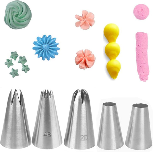 Large Piping Tips for Rose Flower Macaron Meringue Cookie Deviled Eggs Cake Cupcake Decorating,1A 1M 2A 2D 4B Frosting Tip Set,5 Pcs