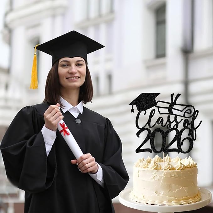 Gold Class of 2026 Congrats Grad Cake Topper Glitter Graduation Party Supplies - High School College Graduates -College Graduate Cake Topper Decorations (Class of 2026 black)