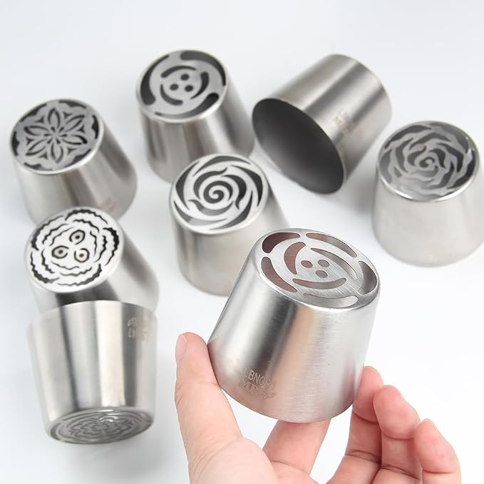 8 Pieces Stainless Steel Extra Large Russian Piping Tips Set,Flower Icing Nozzles with 1 Cleaning Brush,1 Small Leaf Icing Tip for Making Marshmallows,Cupcakes Bouquet,Buttercream Baking Tools
