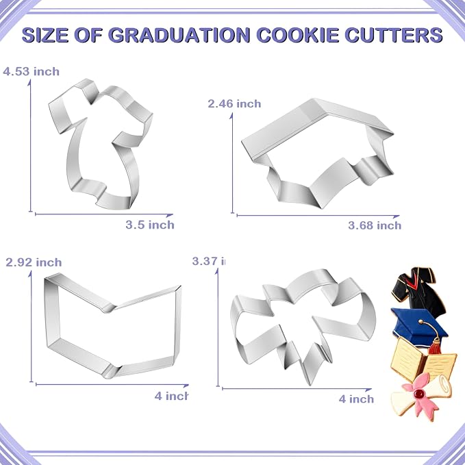 Graduation Cookie Cutters Set 4 Pieces, Stainless Steel Graduation Cap, Diploma, Graduation Gown, Cookie Cutters for Graduation Celebration Party