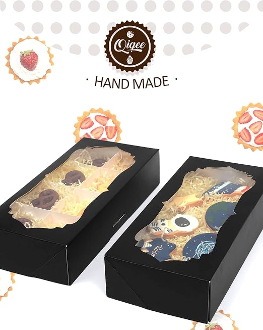 qiqee Black Cookie Box with Window 12x5.5x2.5 inch 24Pcs Two Uses Donut Bakery Box for Packaging(24pcs Bakery Boxes+12 Sets Cookie Dividers+25pcs Sliver Stickers)