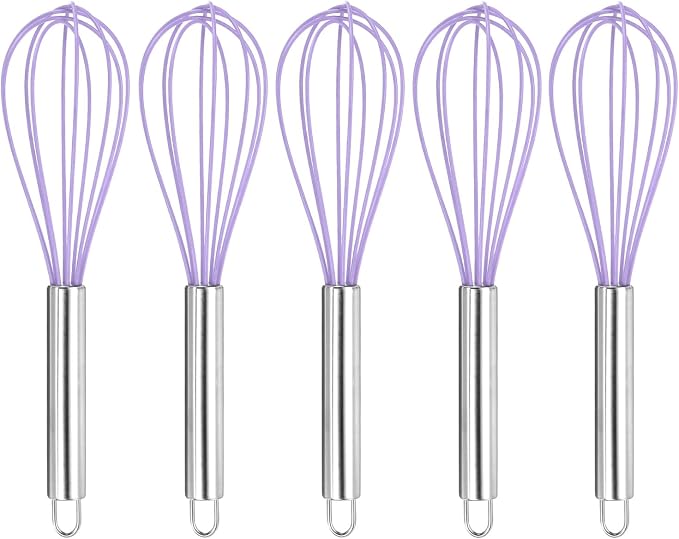 HARFINGTON 5Pcs Silicone Whisk 10" Kitchen Whisk Wire Whisks Beater with Stainless Steel Handle for Egg Milk Whisking Blending Beating & Stirring, Purple
