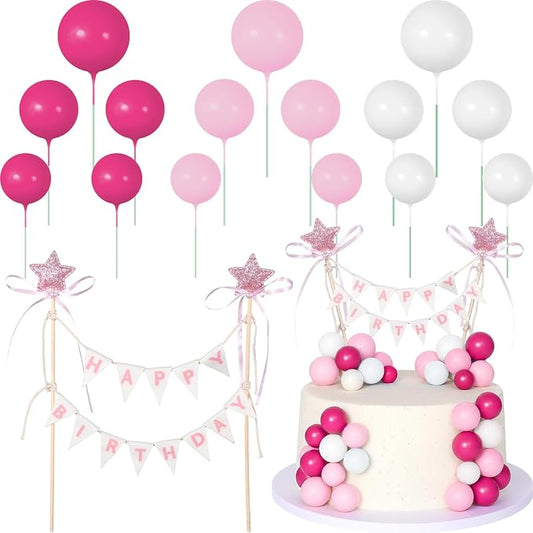 16 Pcs Happy Birthday Cake Topper Cake Bunting Topper Banner with Wood Pole Rainbow Garland with Bow Ribbon Balloon, Mini Cupcake Decor for Birthday Baby Shower (White,Pink,Rose Pink)