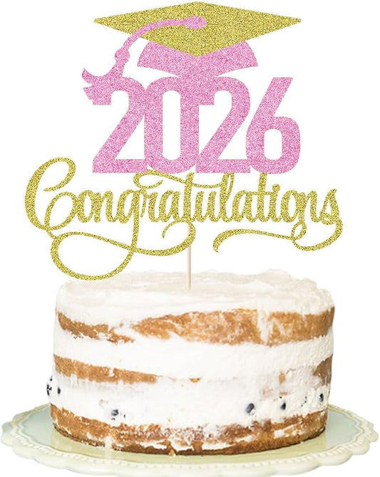 Golden pink 2026 Congratulations Graduation Cake Topper,Congrats Grad Cake Decor - 2026 High School/College/Senior Graduation Party Decorations Supplies
