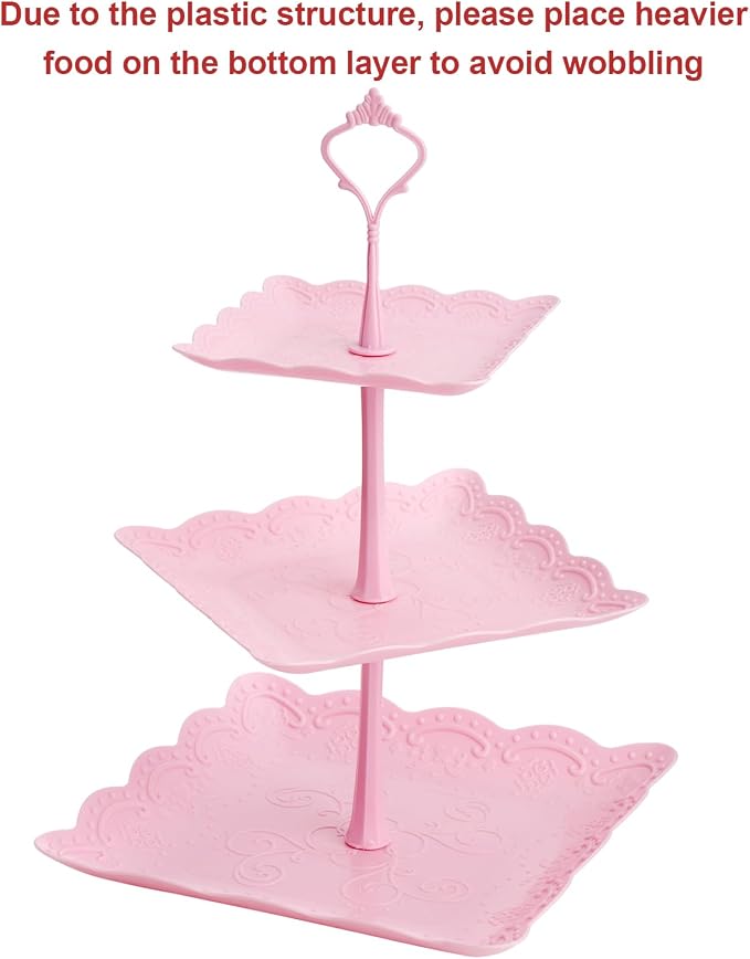 Tosnail 3 Pack 3 Tiers Plastic Cupcake Stand Dessert Stand Tiered Serving Trays with Pink Rod Candy Pastry Holders for Baby Shower, Wedding and Party - Pink Rod
