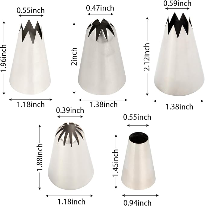 Large Piping Tips Set, 5pcs Stainless Steel Cake Decorating Tips for Cake Icing, Cupcakes, Cookies, Desserts, and Cake Decorating Molds, Include 2 Curved Teeth, 2 Straight Teeth, 1 Round Tip