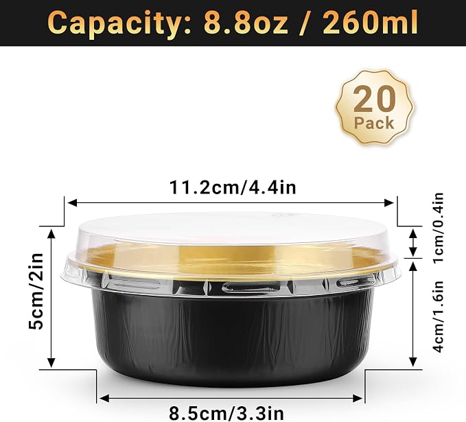 Beasea Disposable Ramekins with Lids, 20 Pack 8.8oz 260ml 4 Inch Disposable Round Aluminum Foil Cups Cupcake Mini Pudding Baking Cups for Party - Black Gold