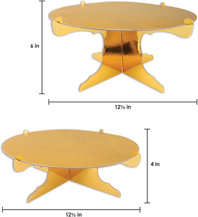 Beistle Metallic Cardstock Cake Stands 2 Piece Birthday Party Supplies Wedding Anniversary Celebration Dessert Platters, 4" & 6" x 12.5", Gold