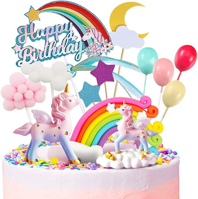 MOVINPE Unicorn Cake Topper, 2 Magic Unicorns Sculpture, 1 Rainbow, 1 Happy Birthday Banner, 2 Cloud, 4 Balloon, 12 Stars, 1 Moon, Cake Decoration For Girl Kid Women Birthday Party