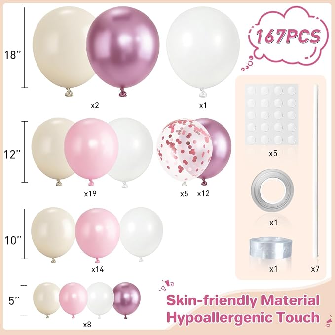 Pink and White Balloon Garland Arch Kit, 167Pcs Latex Balloons Different Sizes 18 12 10 5 inch for Women Girl Princess Birthday Bridal Baby Shower Wedding Party Decorations