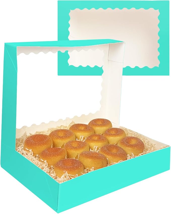 qiqee Auto-pop Up Mint Blue Cookie Box with Window 14x10x2.5 inch 24Pcs Bakery Pastry Macaron Bakery Box For Packaging