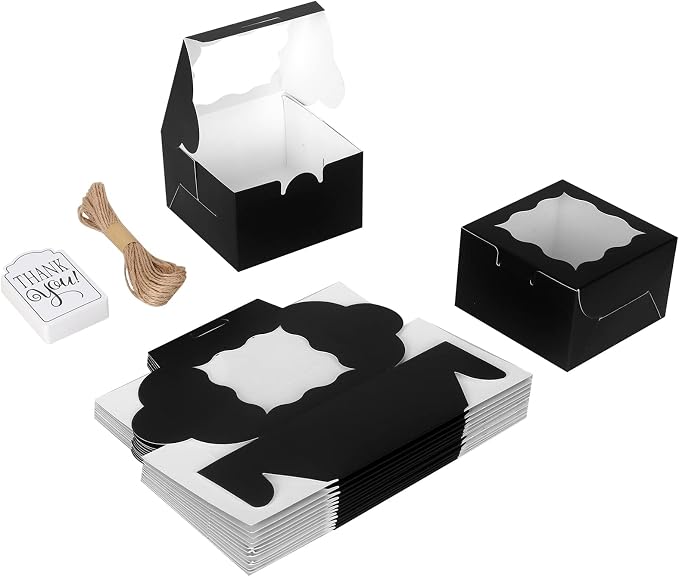 KPOSIYA 10 Pcs Black Bakery Boxes with Window Individual Cupcake Boxes 4x4x2.5 Inches Cookie Boxes Kraft Paper Black Gift Box for Pastries, Cookies, Pie, Donuts, Macaroon