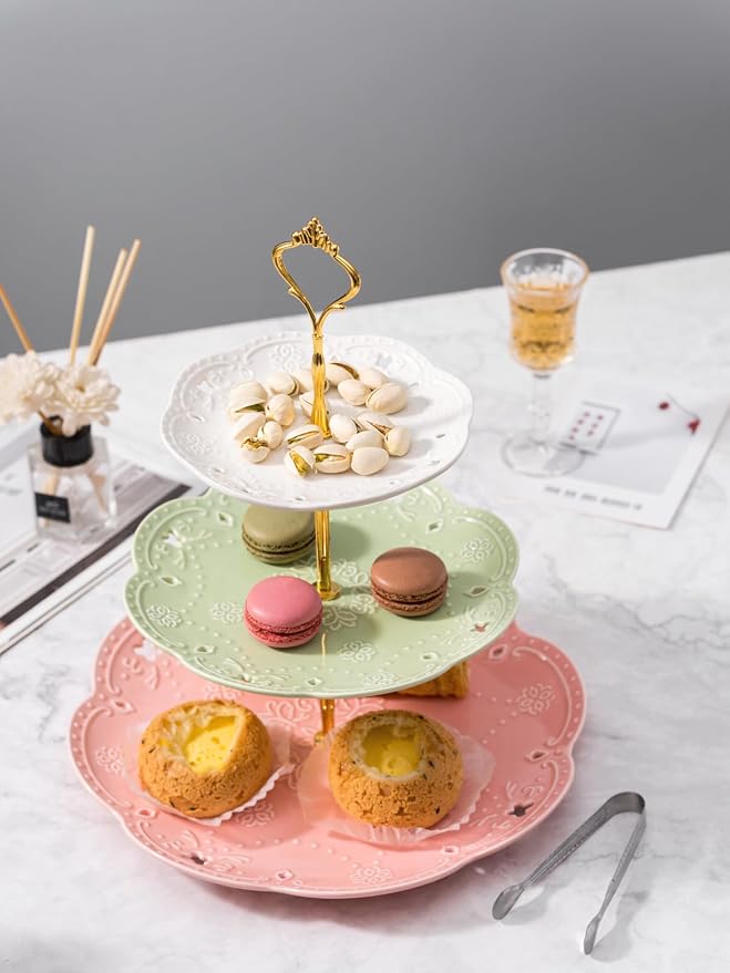 Jusalpha 3-Tier Multi Color Ceramic Serving Stand,Cake Stand-Dessert Stand-Cupcake Stand-Tea Party Serving Platter (3 Color-Gold)