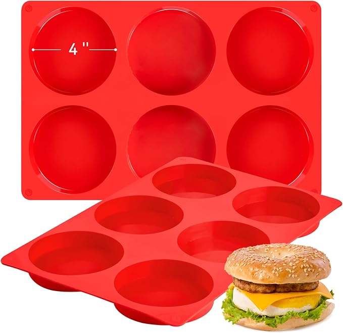 Puyeipt 4 Inch Silicone Egg Molds for Breakfast Sandwiches, 2 Pack Jumbo Muffin Top Pans Non-Stick Round Silicone Molds for Baking Egg Bites, Hamburger Buns, Patties, English Muffins