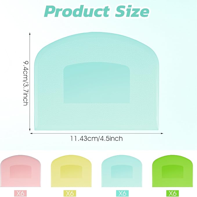 24 Pcs Bench Scraper Dough Scraper for Baking, BPA Free PE Flexible Bowl Scrapers, Food-Safe Plastic Dough Cutter Tool for Bread Cake Fondant Icing (Light Blue, Green, Yellow, Pink)