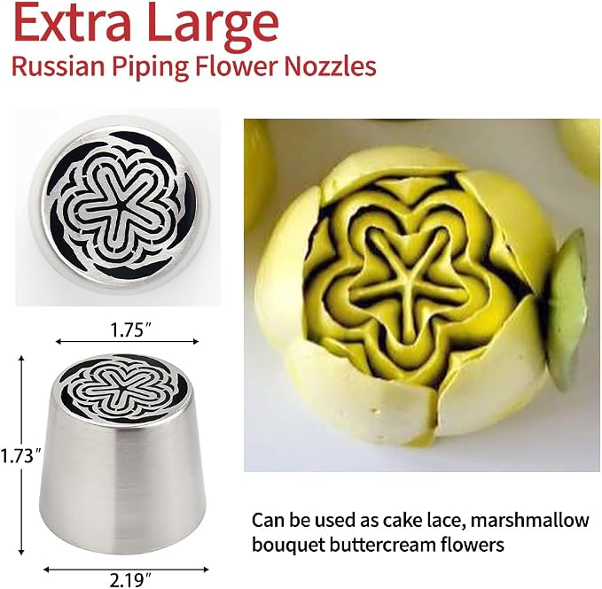 Extra Large Russian Piping Tips - Stainless Steel Flower Nozzles Set for Cake Decorating, Rose & Floral Icing Tips for Cupcakes, Cookies Professional Baking Tools (XXL, Style 62)