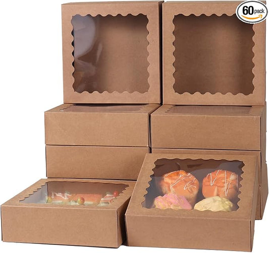 60 pcs Brown Cookie Box,6x6x2.5 Inch Bakery Boxes with Window Pies Chocolate Strawberries Muffins Biscuit Pastry Dessert Box For Packaging