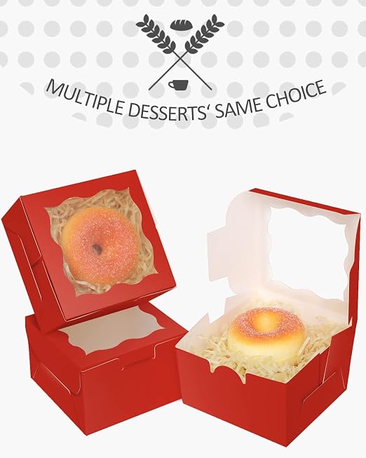 qiqee Red Bakery Boxes with Window 55pcs 4x4x2.5 Mini Cookie Boxes Macaron Boxes Small Donut Pastry Boxes for Party