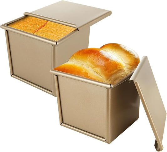 CertBuy 2 Pack Mini Pullman Loaf Pan with Lid, 0.55Lb Dough Capacity, 3.9" x 3.9"x 3.8" Non-Stick Bakeware for Baking Bread, Loaf Bread Baking Pan Gold