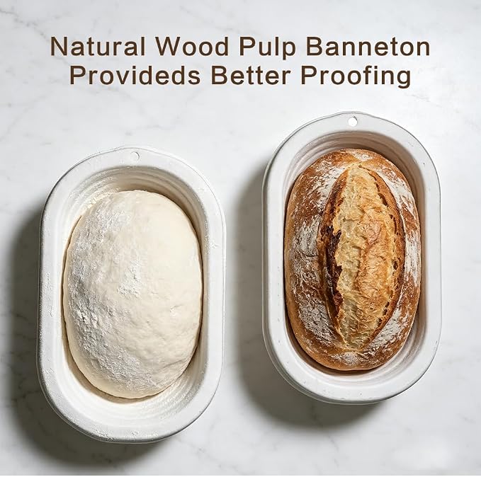 Wood Pulp Oval 1kg Groove Banneton Bread Proofing Basket, Sourdough Proofing Basket, Non-Stick Batard Brotform Sourdough Bread Baking Supplies, 2 Pack