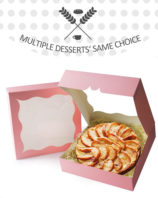 qiqee Auto-pop Up 12Packs Pink Pie Boxes with Window 12x12x3 Inch Cookie Donut Bakery Box