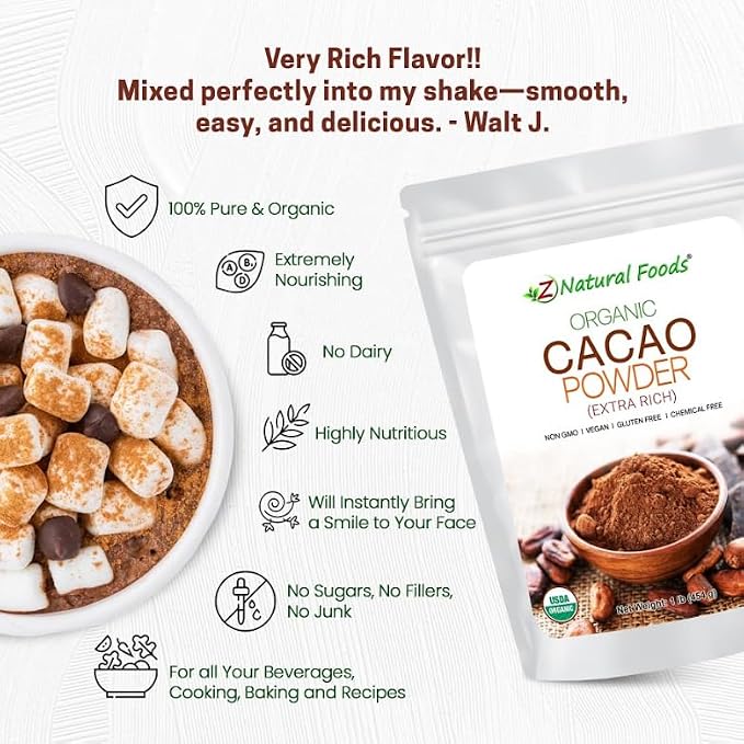 Z Natural Foods Organic Cacao Powder, Nutrition-Packed, Extra-Rich Dark Chocolate Flavor, Perfect for Chocolate Recipes, Shakes, or Smoothies, Non-GMO, Vegan, Gluten-Free, Kosher, 1 Lb