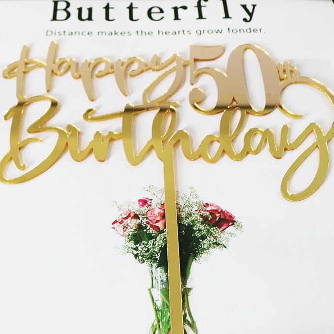 Happy 50th birthday cake Topper,Mirrored Gold Acrylic Durable Cake Topper,50th Birthday Party Cake Decorations,Hello 50th years old, fifty birthday Party Decorations