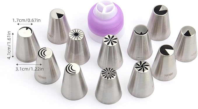 34 Pieces Stainless Steel Russian Flower Icing Tips Set,12 Special Russian Piping Nozzles,1 Cleaning Brush,1 Plastic Coupler,10 Silicone Cupcakes Mold,10 Disposable Pastry Bags for Cake Decorations