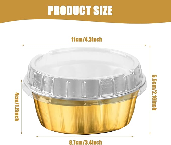 100 Pcs 8 oz Aluminum Foil Cup with Lids Disposable Ramekins with Lids Disposable Ramekin Baking Cups Foil Cupcake Containers for Wedding, Christmas, Kitchen, Party (Silver, Gold, 8 oz)