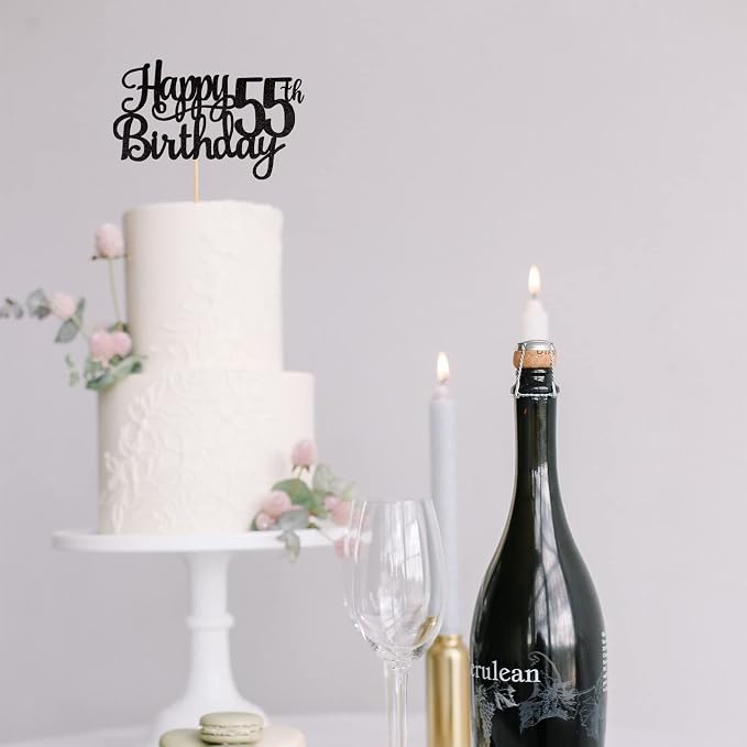1 PCS Happy 55th Birthday Cake Topper Glitter Cheers to 55 Years Birthday Cake Pick 55 Fabulous Cake Decoration for Happy 55th Birthday Theme Party Decorations Supplies Black